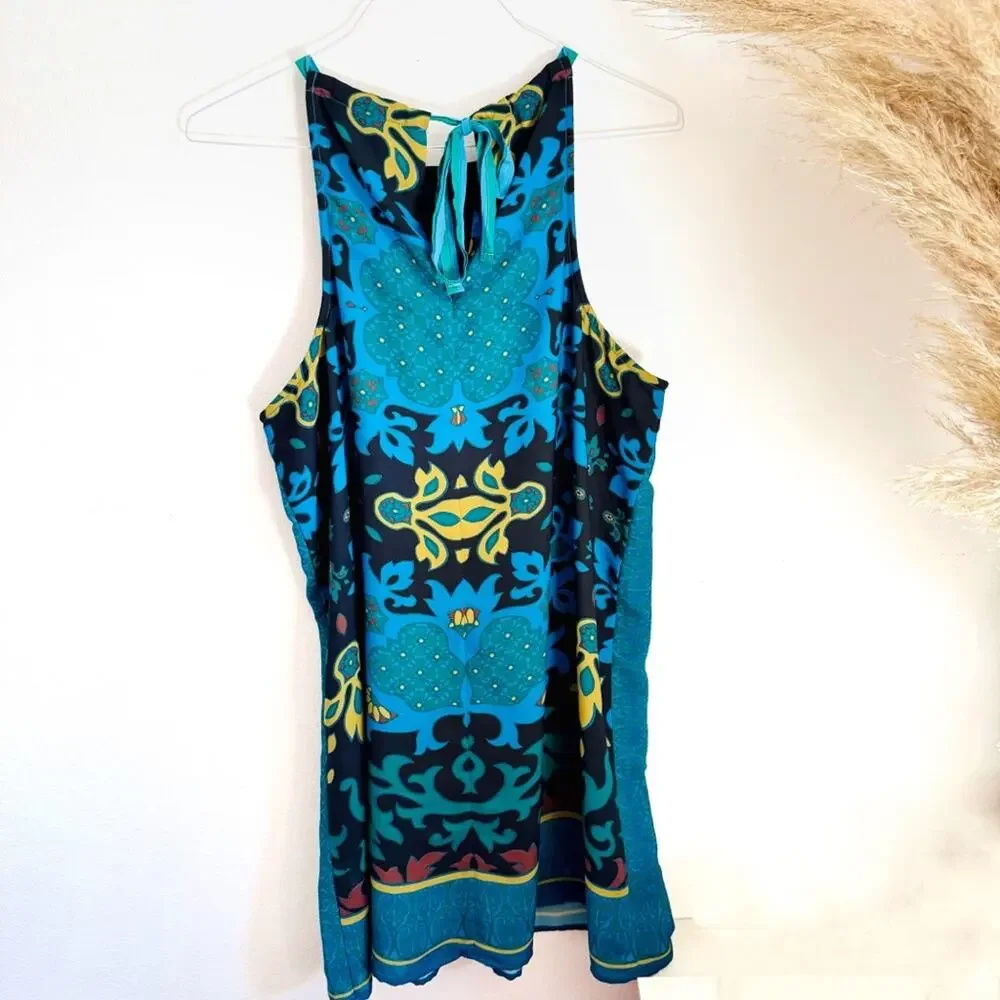 NEW ANTHROPOLOGIE Teal Black Floral Beaded Halter Mini $198 Tank Top Dress XL - Picture 7 of 13